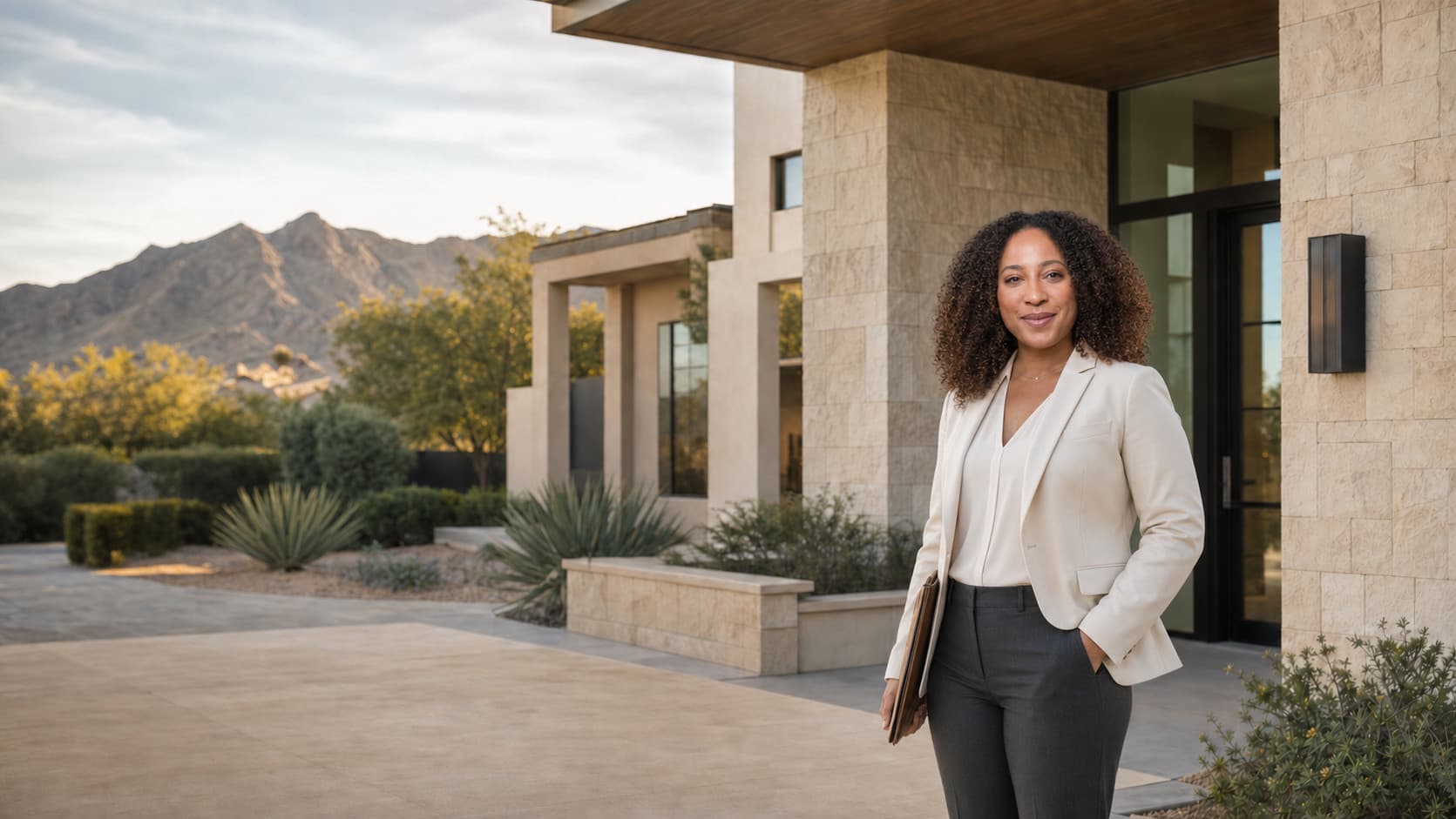 Arizona luxury real estate professional outside a contemporary desert home