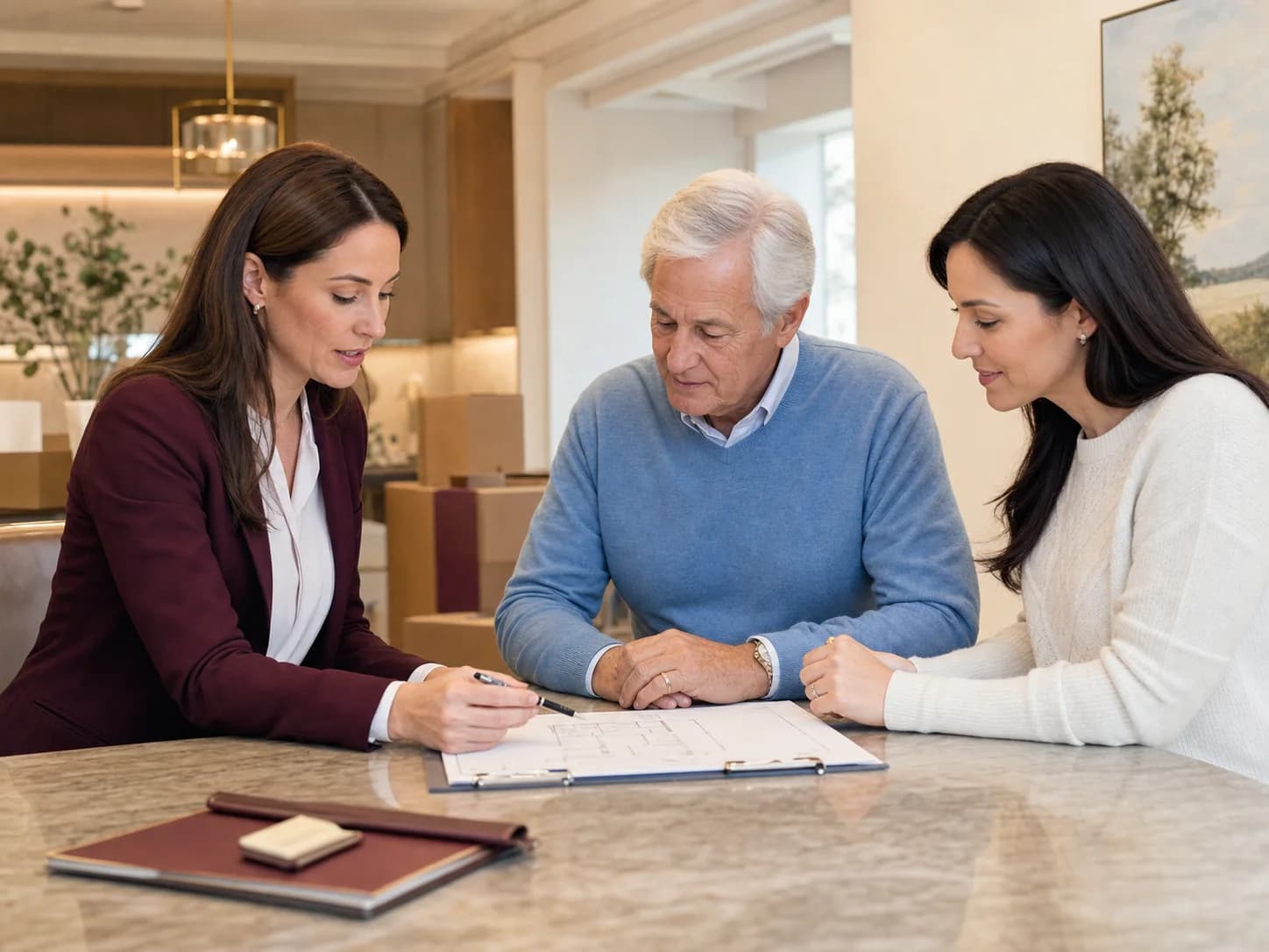 A concierge specialist reviewing a move-in plan with a senior and family member