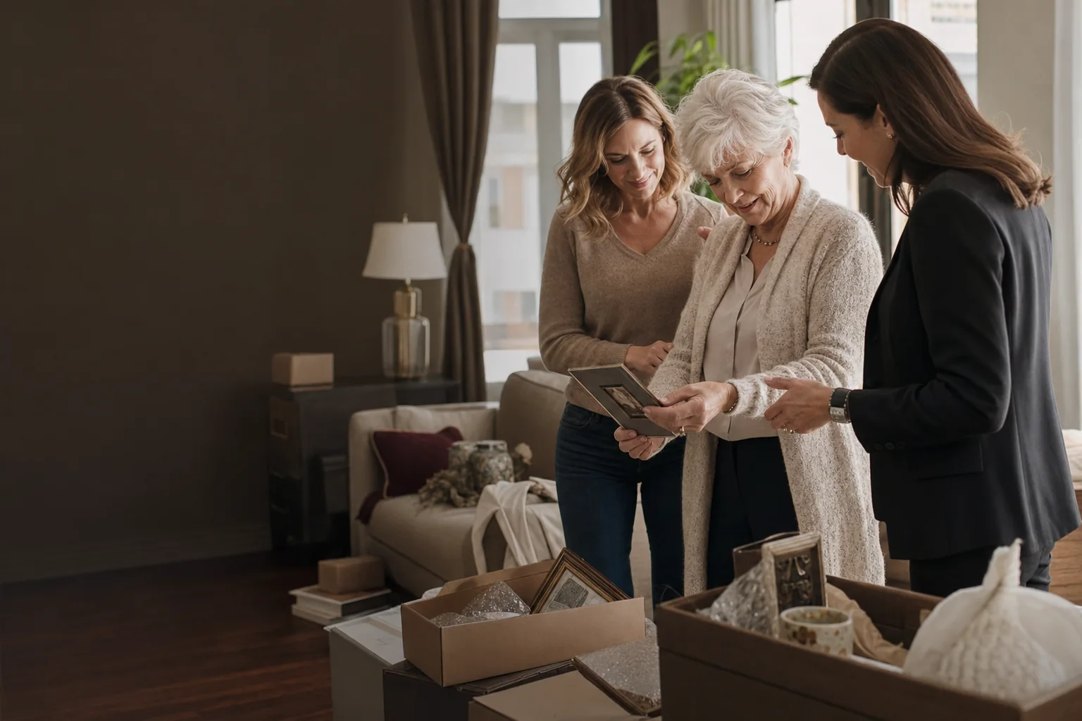 A senior and her family settling into an elegant new home with concierge guidance